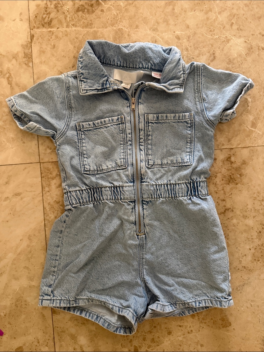 Zara Light Blue Denim Short Sleeve Romper with Front Zip